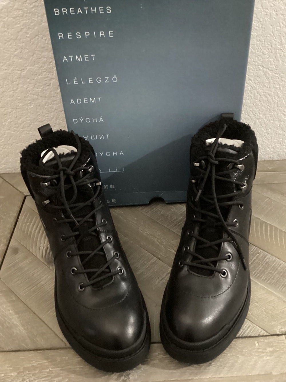 Geox Nevegal Amphibiox Waterproof Leather Combat Ankle Boot Black, size 10.5